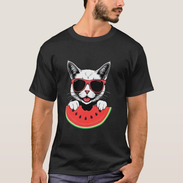 T-shirt Chat avec des lunettes de soleil mangeant du melon (Devant)