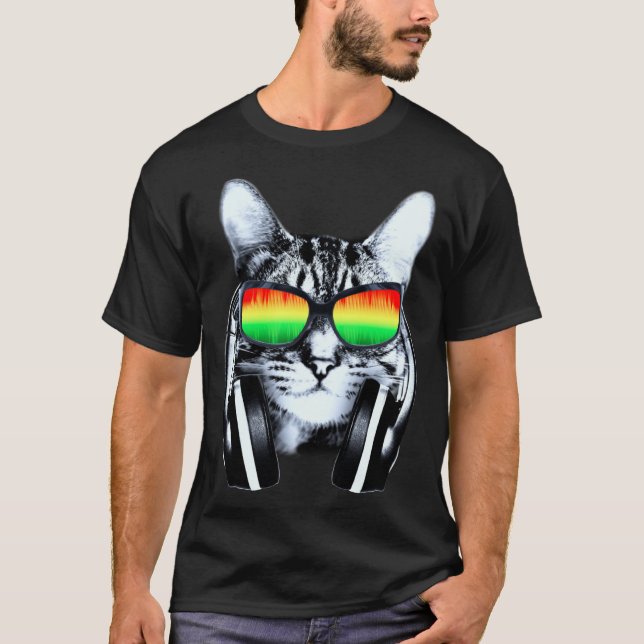 T-shirt Chat avec lunettes de soleil et écouteurs (Devant)