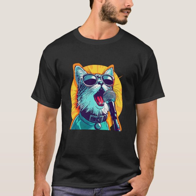 T-shirt Chat avec Lunettes de Soleil et Micro pour Amis du (Devant)