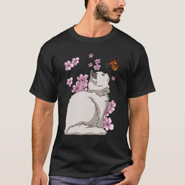 T-shirt Chat avec papillon Japonais Sakura Cerry Blossom (Devant)