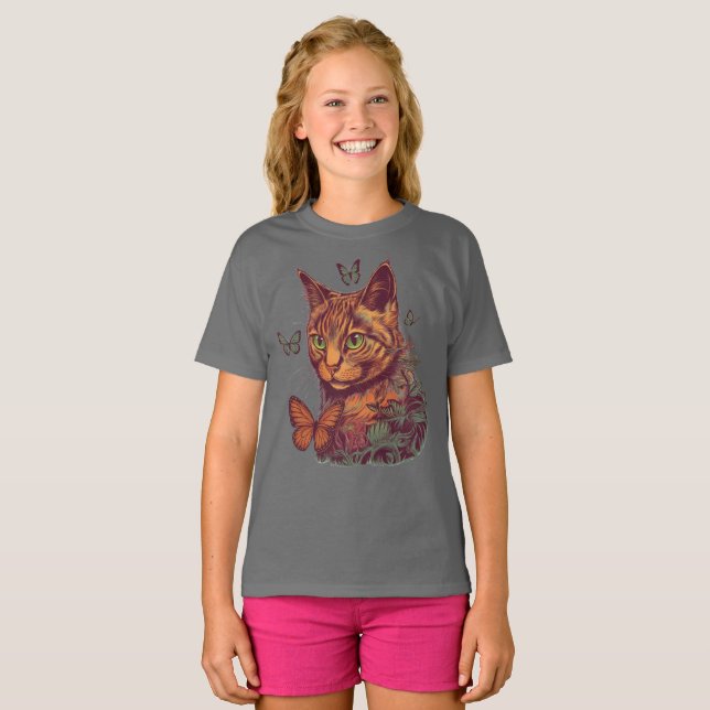 T-shirt Chat avec papillons Monarch (Devant entier)