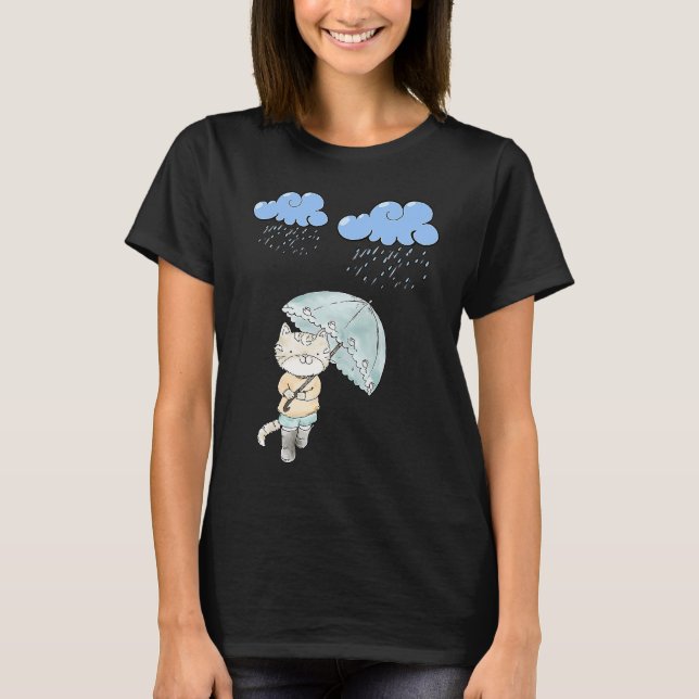 T-shirt Chat Avec Parapluie Dans Le Chat De Pluie (Devant)