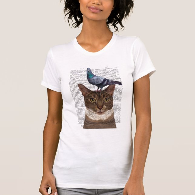 T-shirt Chat avec pigeon sur tête (Devant)