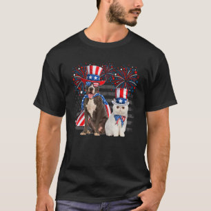 T-shirt Chat Avec Pit Bull Lunettes de soleil Drapeau Amér