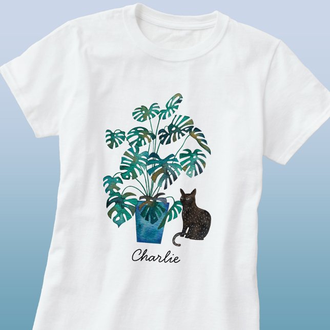 T-shirt Chat avec Plante Monstera Aquarelle personnalisée (Personalize name cat with swiss cheese plant watercolor art t-shirt)