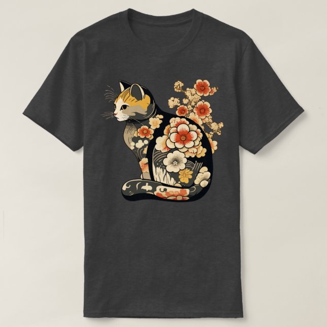 T-shirt Chat avec tatouages de fleurs japonais (Design devant)