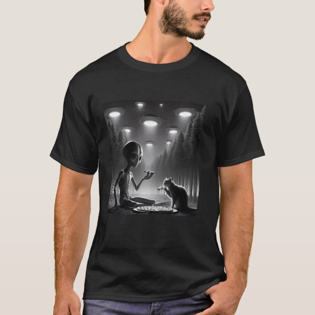 T-shirt Chat Avec Un Extraterrestre Mangeant Une Pizza Drô (Devant)