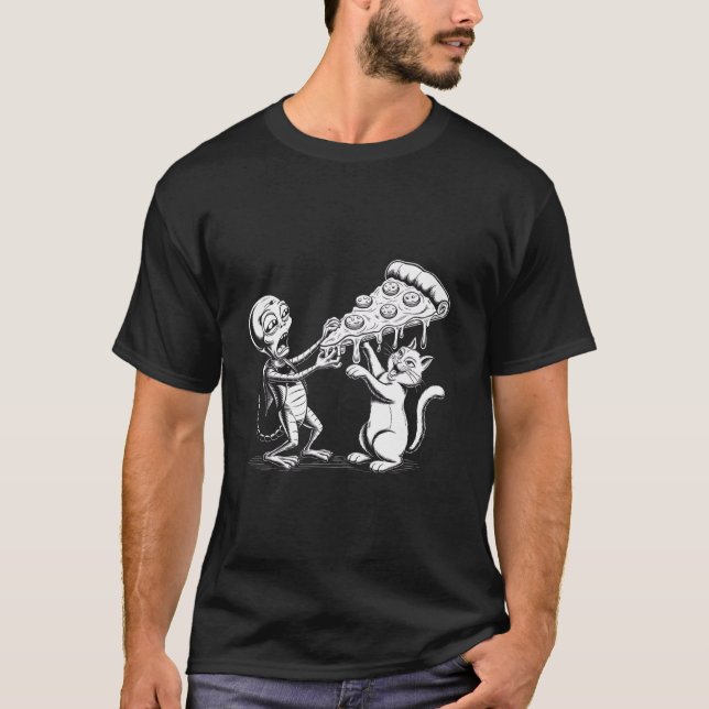 T-shirt Chat Avec Un Extraterrestre Mangeant Une Pizza Drô (Devant)