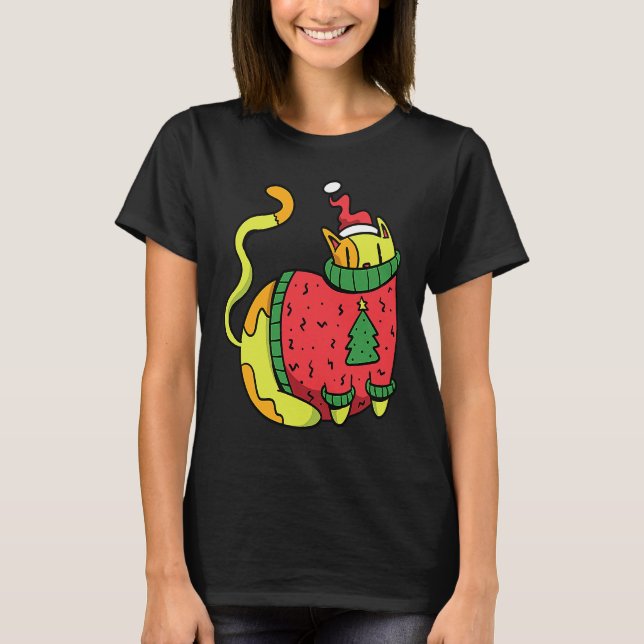 T-shirt Chat avec un pull de Noël laid (Devant)