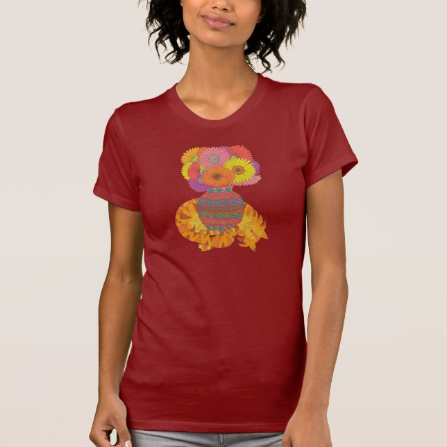 T-shirt Chat avec Vase de Gerbera Daisies Folk Art (Devant)