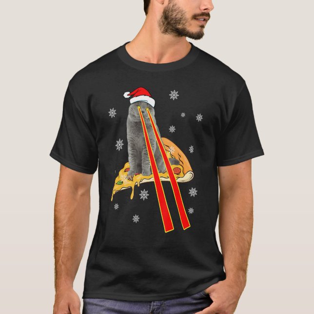 T-shirt Chat Avec Yeux Laser Drôle Pizza Chat Noël (Devant)