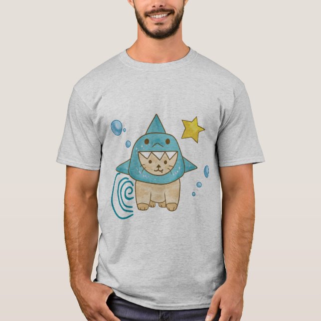 T-shirt Chat beige mignon en costume de requin aqua mer T- (Devant)