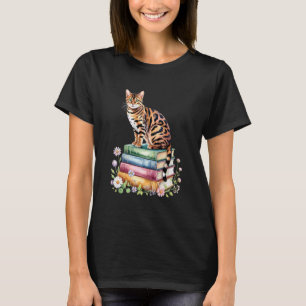 T-shirt Chat Bengal Bibliophile Fleurs Livre Lecture Livre