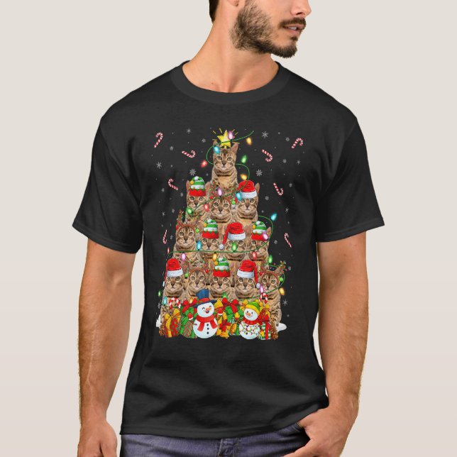 T-shirt Chat Bengal Éclairage de Noël Arbre Père Noël Chat (Devant)