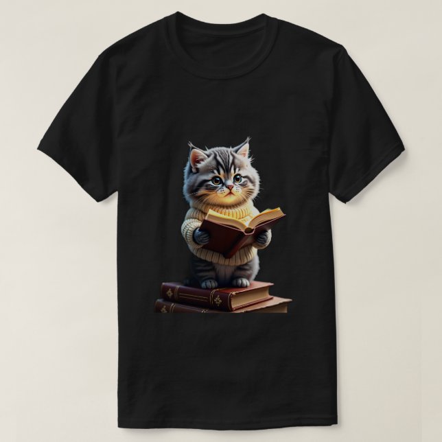 T-shirt Chat bibliophile cosmique lisant dans l'espace (Design devant)
