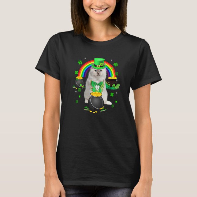 T-shirt Chat blanc amusant Leprechaun Shamrock St. Patrick (Devant)