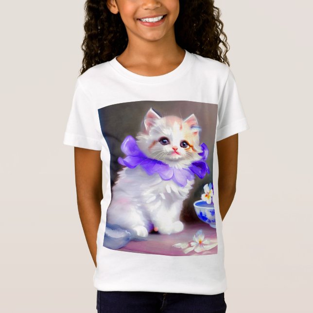 T-Shirt Chat blanc avec collier de fleurs violettes (Devant)