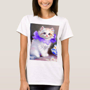T-shirt Chat blanc avec collier de fleurs violettes