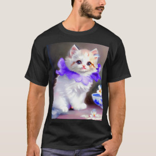 T-shirt Chat blanc avec collier de fleurs violettes