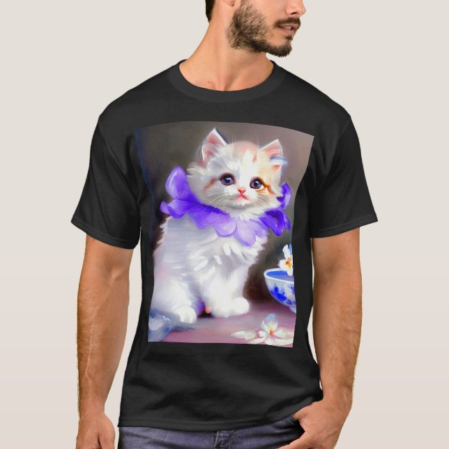 T-shirt Chat blanc avec collier de fleurs violettes (Devant)