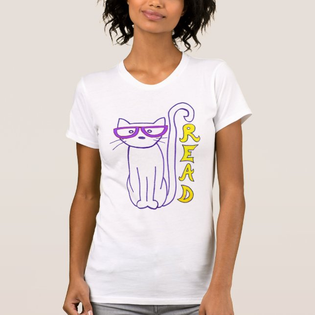 T-shirt Chat blanc avec lunettes violettes avec panneau de (Devant)