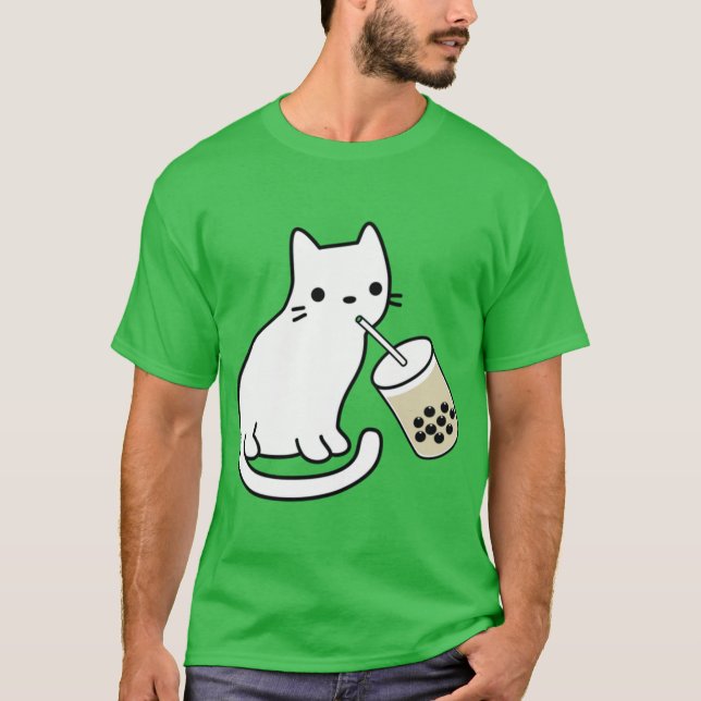 T-shirt Chat blanc buvant du lait de boba un garçon (Devant)