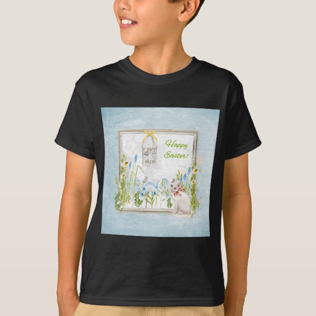 T-shirt Chat blanc dans l'oiseau de observation de jardin (Devant)