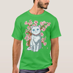 T-shirt Chat blanc d'art japonais en fleurs de cerisier