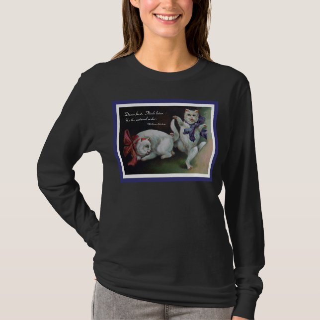 T-shirt Chat blanc de danse avec la citation de Beckett (Devant)