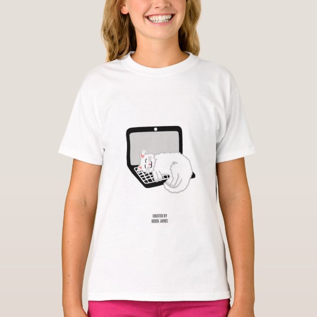 T-shirt Chat Blanc Dormir Sur Ordinateur Portable Filles T (Devant)