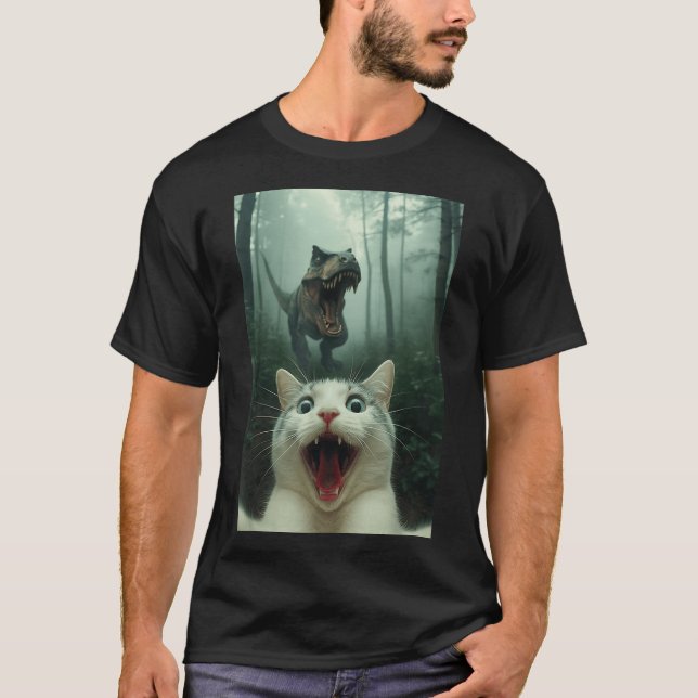 T-shirt Chat Blanc Drôle Selfie Avec T-rex Dinosaure, Chat (Devant)