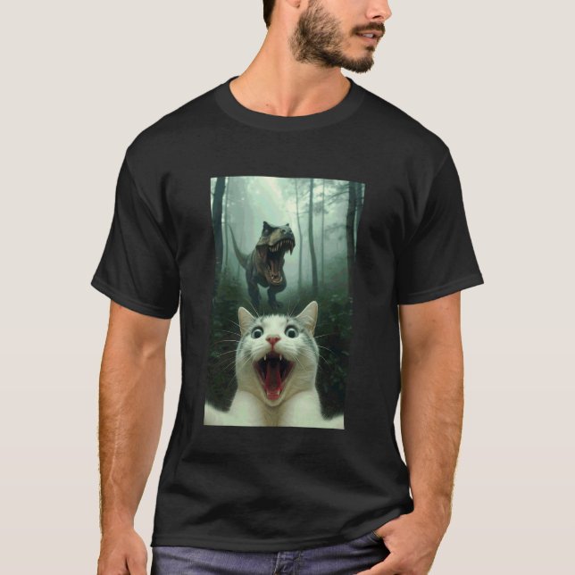 T-shirt Chat blanc drôle selfie avec T-Rex dinosaure, chat (Devant)