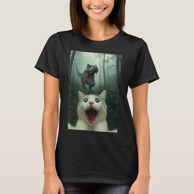 T-shirt Chat Blanc Drôle Selfie Avec T-rex Dinosaure, Chat (Devant)