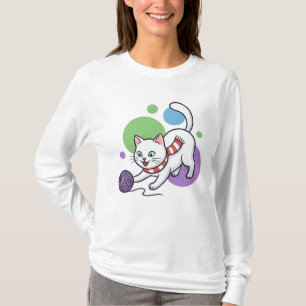 T-shirt Chat Blanc Enjoué Avec De La Laine