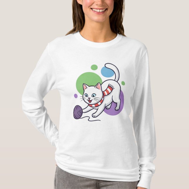 T-shirt Chat Blanc Enjoué Avec De La Laine (Devant)