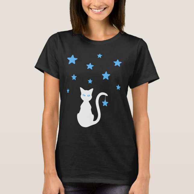 T-Shirt Chat Blanc Étoiles (Devant)