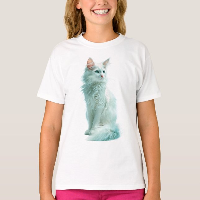 T-shirt Chat Blanc Fluffy aux Yeux Turquoise Éthéré pour E (Devant)