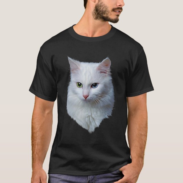 T-shirt Chat Blanc Fruit Aux Yeux Bleu Et Vert (Devant)
