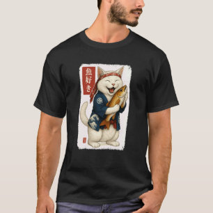T-shirt Chat Blanc Kanji Japonais Poisson Japon Amoureux D