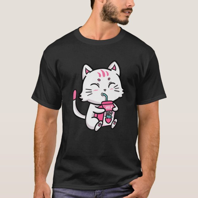 T-shirt Chat Blanc Kitten Boire Lait fraise Anime Ma (Devant)
