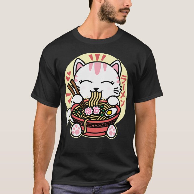 T-shirt Chat blanc mangeant du ramen (Devant)