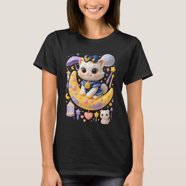 T-shirt Chat Blanc Meow Sur Crescent Moon Kaw (Devant)