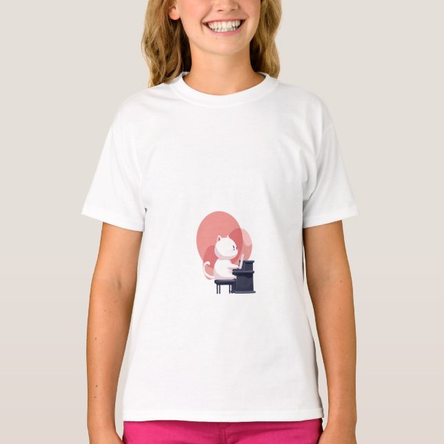 T-shirt Chat Blanc Mignon Jouant du Piano Enfants (Devant)
