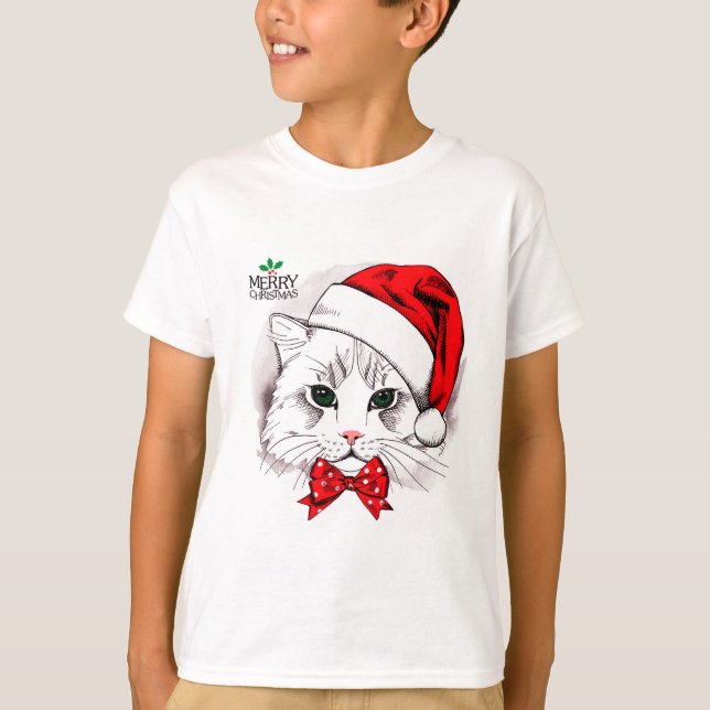 T-shirt Chat blanc mignon Joyeux Noël (Devant)