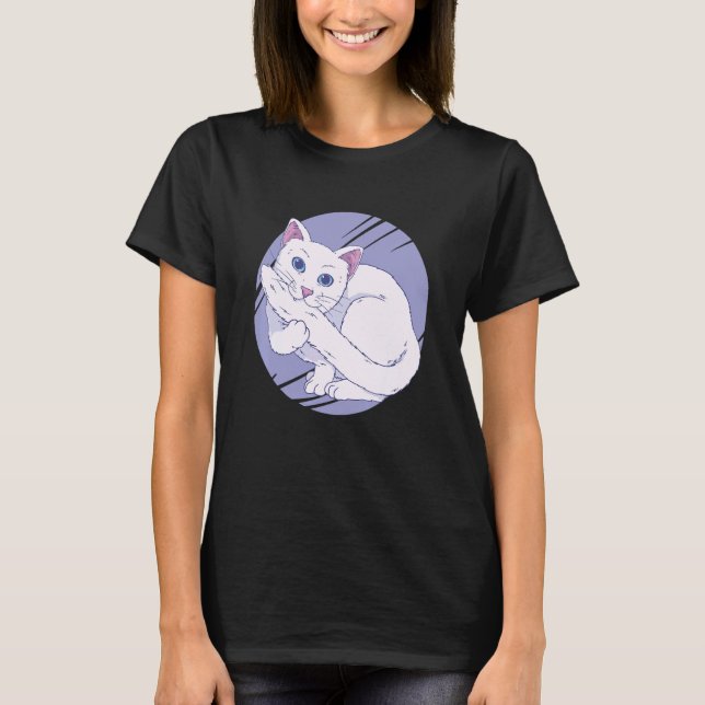 T-shirt Chat blanc mordant la queue animal de compagnie (Devant)