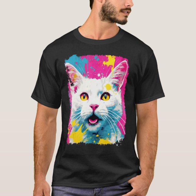 T-shirt Chat Blanc Pop Art (Devant)