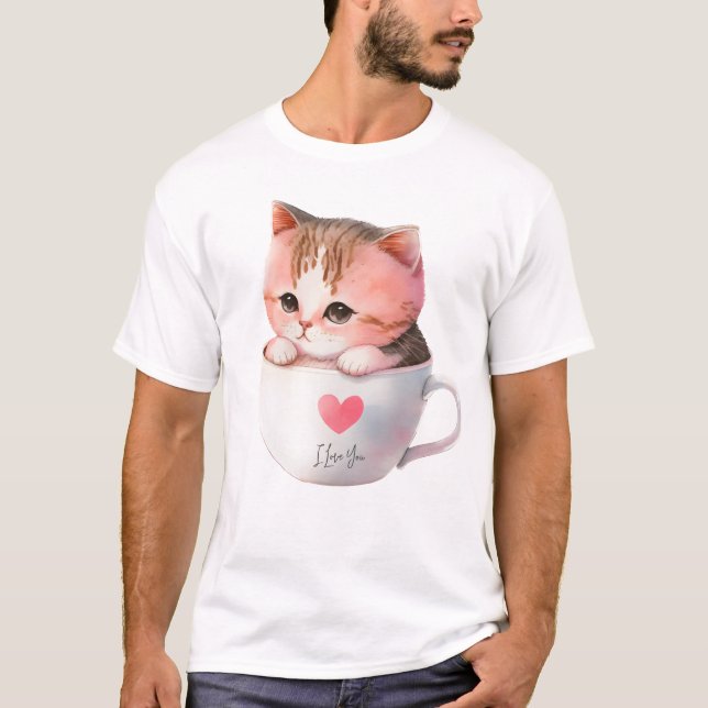 T-shirt Chat blanc-rose mignonne dans une tasse de thé (2) (Devant)