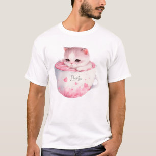 T-shirt Chat blanc-rose mignonne dans une tasse de thé (3)