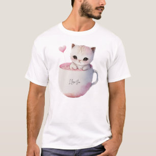 T-shirt Chat blanc-rose mignonne dans une tasse de thé (4)
