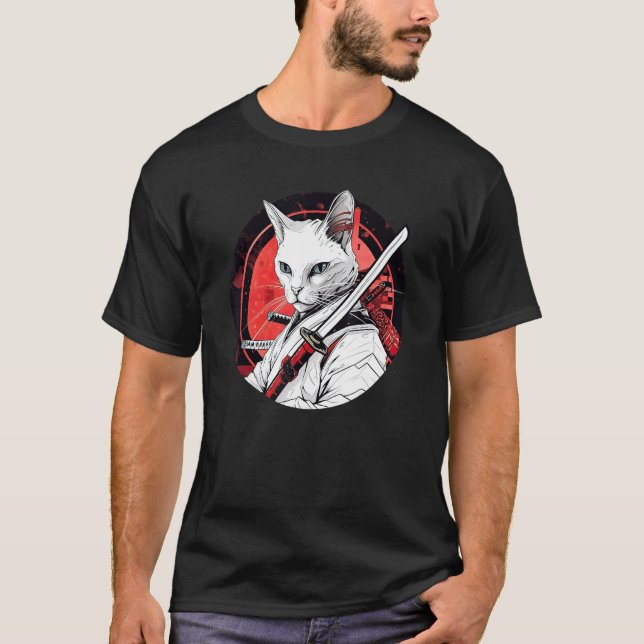 T-shirt Chat Blanc Samouraï Guerrier Drôle d'Animal de Com (Devant)